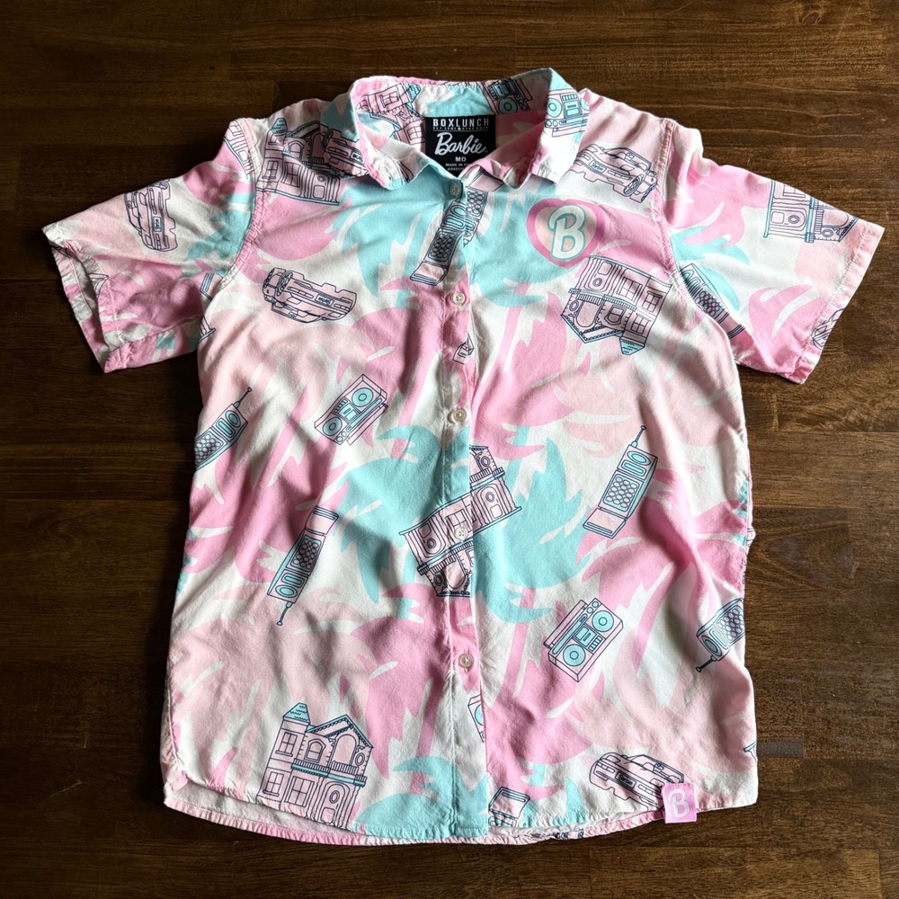 BoxLunch Barbie Living the Dream Button Down Shirt Pink Teal Retro Print MD